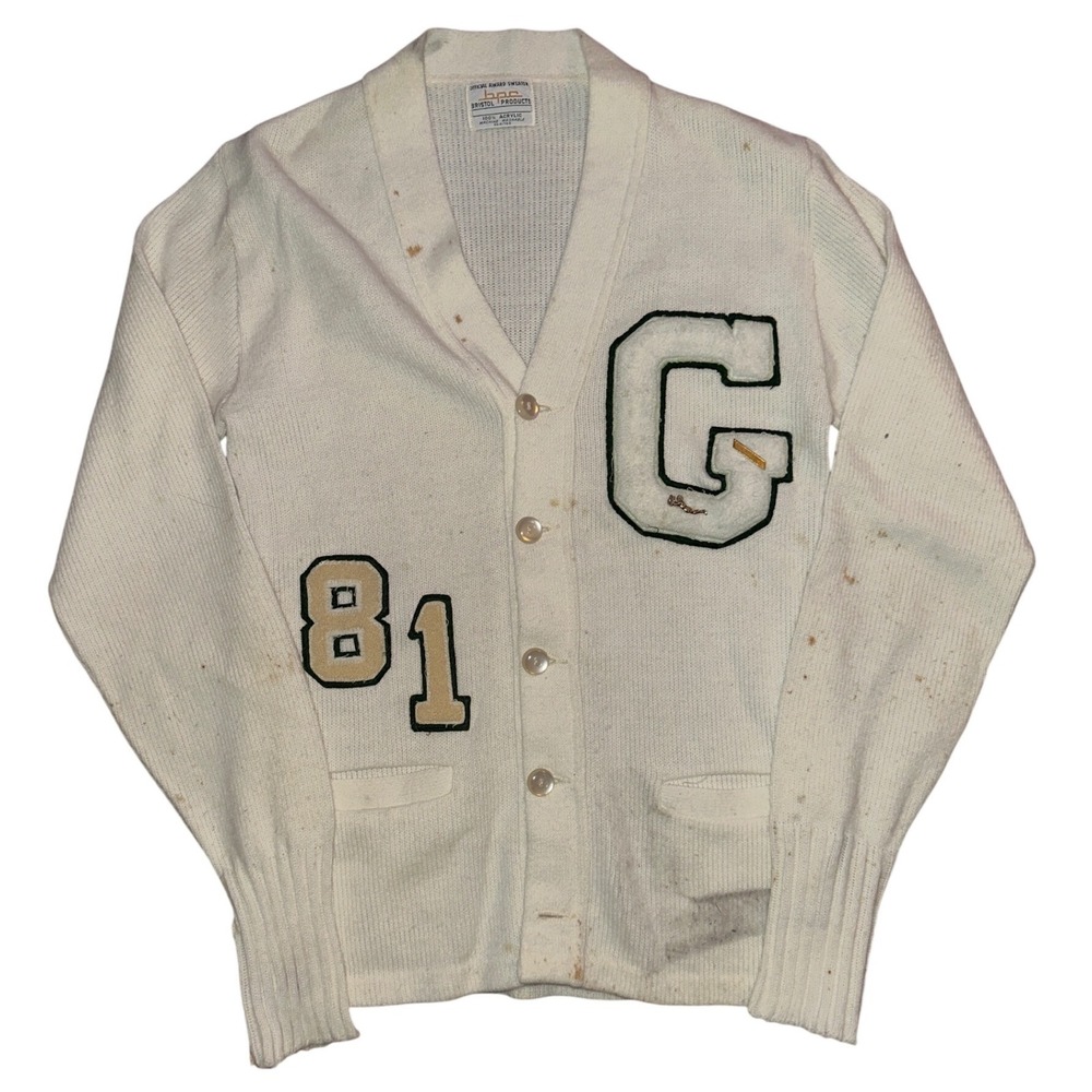 Vintage Bristol Products Official Award Sweater Cardigan White 81 Letterman G